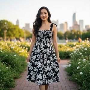 STACCATO Black White Floral Smocked Tie-Shoulder Midi Dress Boho Cottagecore S